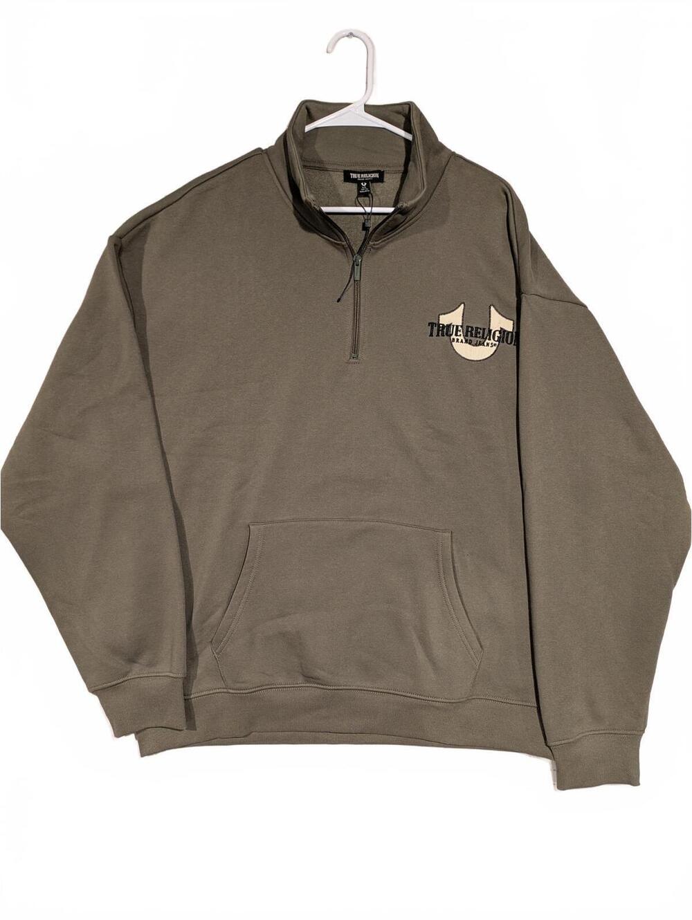 True Religion Quarter Zip Pullover Sweatshirt Olive Embroidered Logo Mens XL